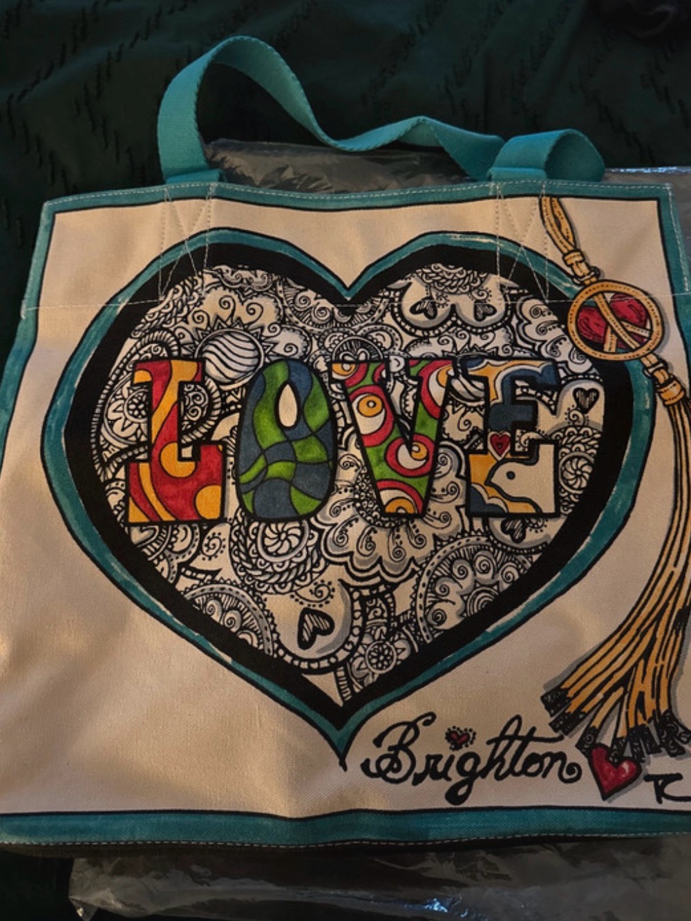 Brighton Multicolor LOVE Heart Tote with Turquoise Trim